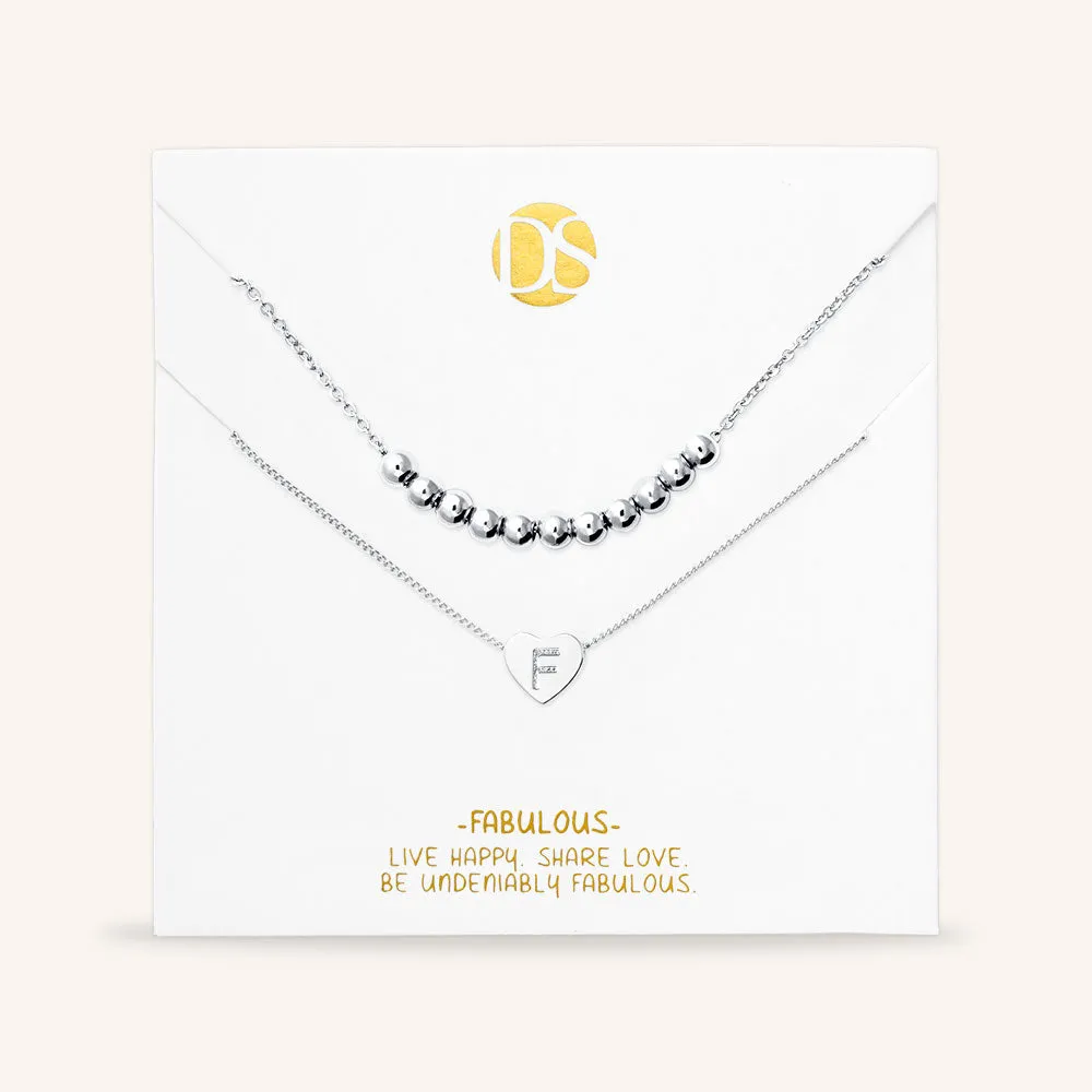 "Love Letter" Set of Two Heart Initial Charm & Polished Beads Layering Necklaces