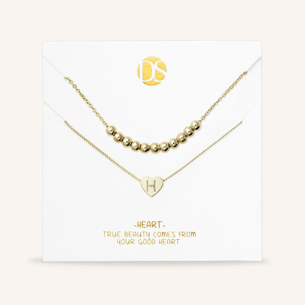 "Love Letter" Set of Two Heart Initial Charm & Polished Beads Layering Necklaces