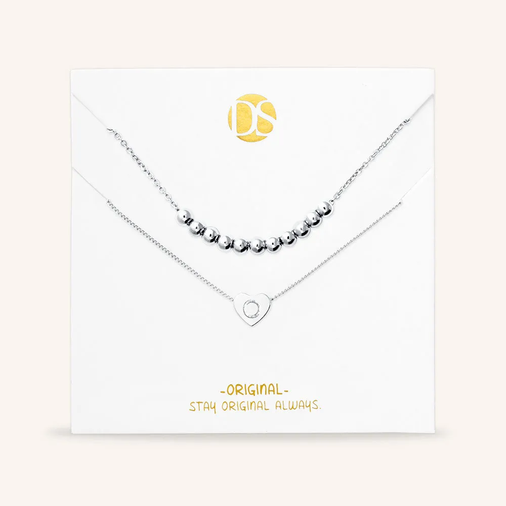 "Love Letter" Set of Two Heart Initial Charm & Polished Beads Layering Necklaces