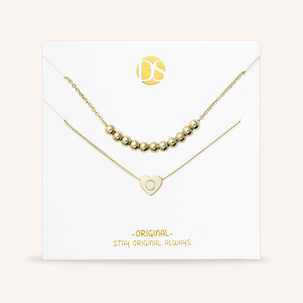 "Love Letter" Set of Two Heart Initial Charm & Polished Beads Layering Necklaces
