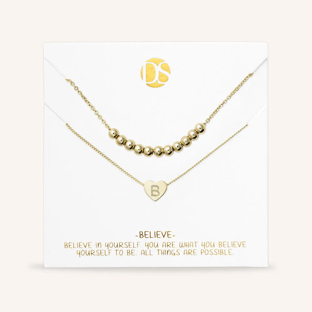 "Love Letter" Set of Two Heart Initial Charm & Polished Beads Layering Necklaces