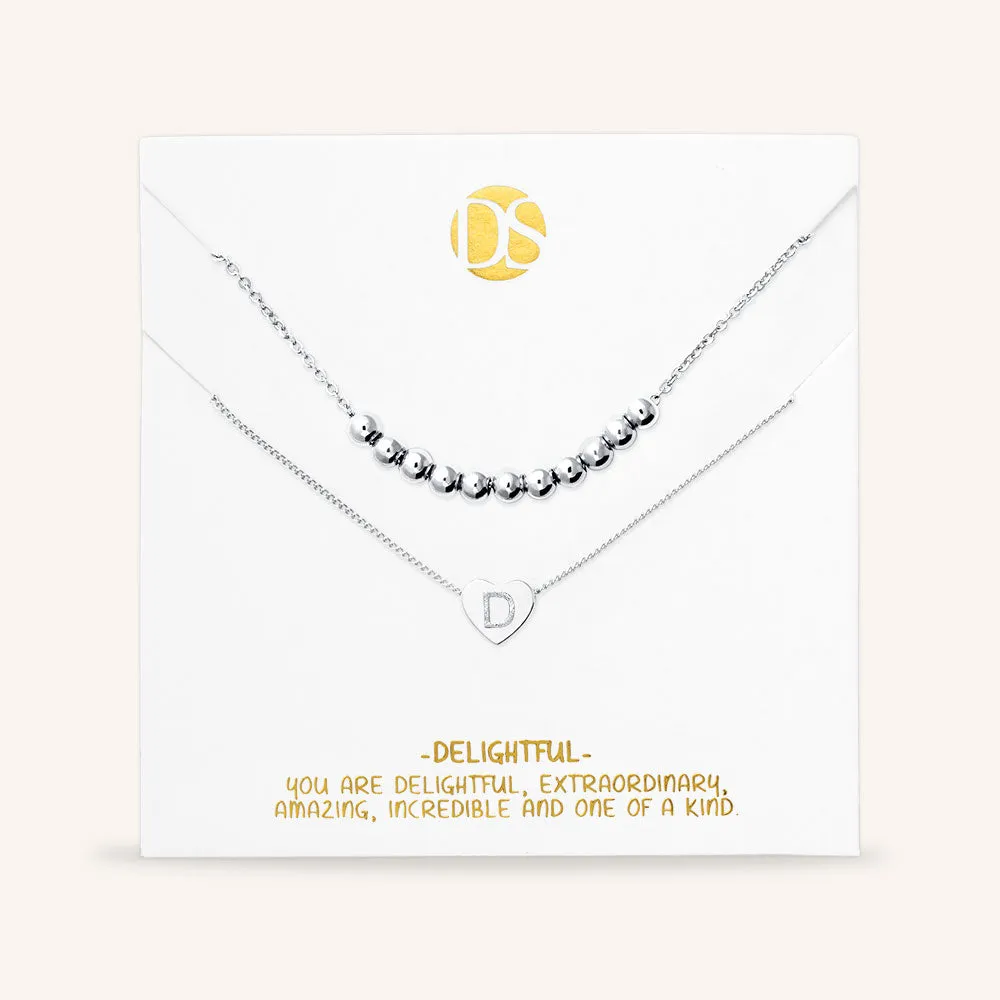 "Love Letter" Set of Two Heart Initial Charm & Polished Beads Layering Necklaces