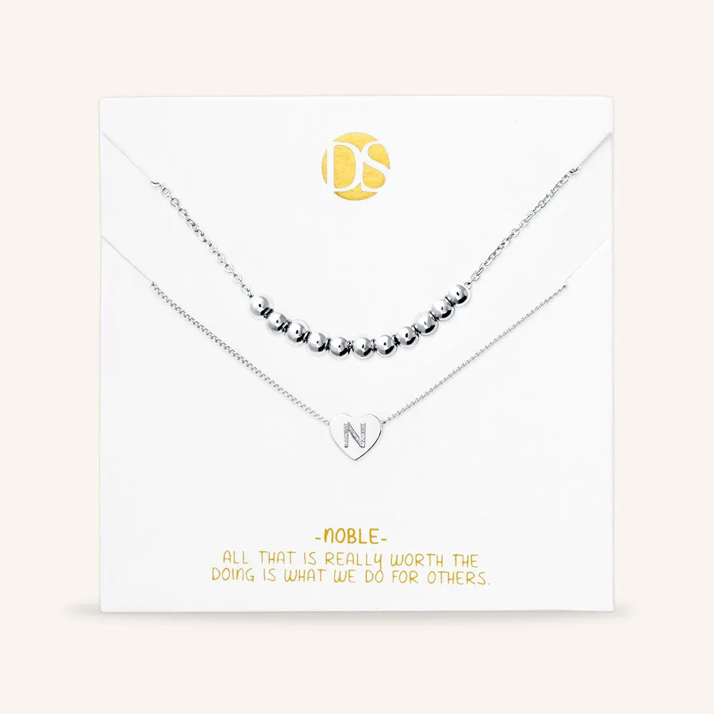 "Love Letter" Set of Two Heart Initial Charm & Polished Beads Layering Necklaces