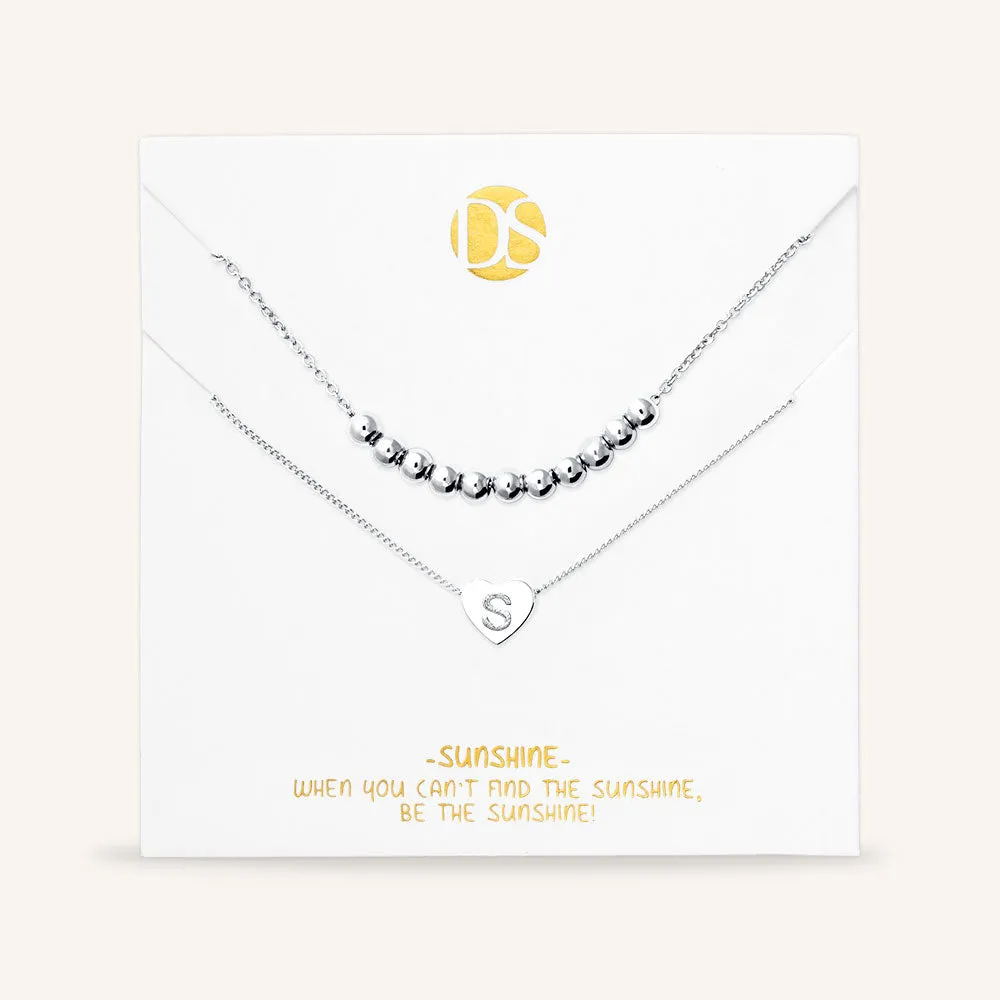 "Love Letter" Set of Two Heart Initial Charm & Polished Beads Layering Necklaces