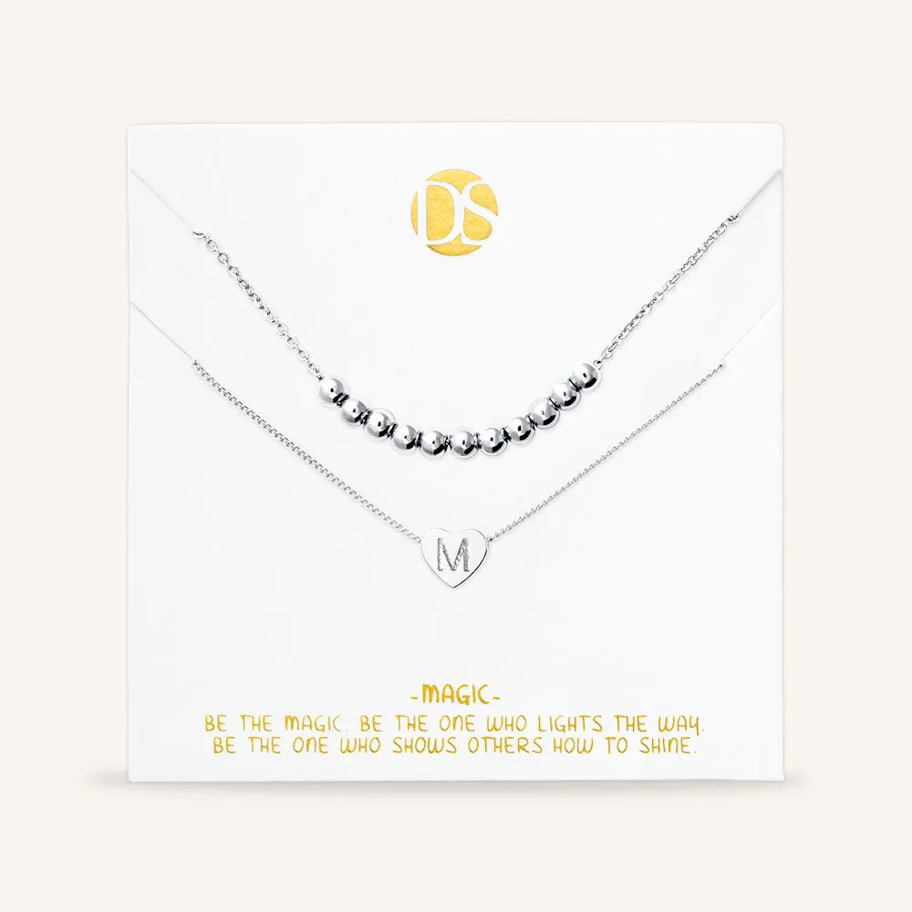 "Love Letter" Set of Two Heart Initial Charm & Polished Beads Layering Necklaces
