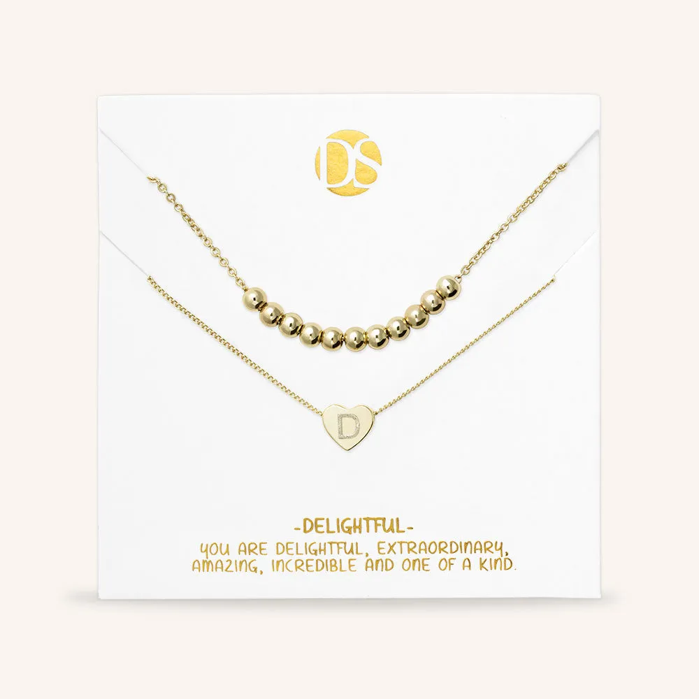 "Love Letter" Set of Two Heart Initial Charm & Polished Beads Layering Necklaces