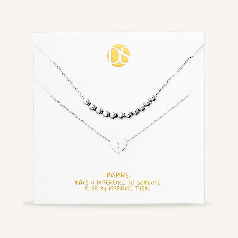 "Love Letter" Set of Two Heart Initial Charm & Polished Beads Layering Necklaces