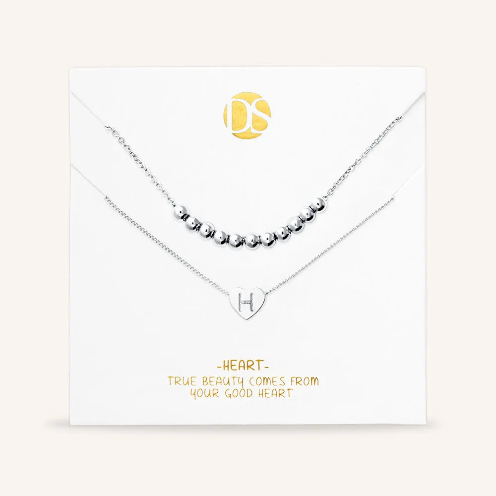 "Love Letter" Set of Two Heart Initial Charm & Polished Beads Layering Necklaces