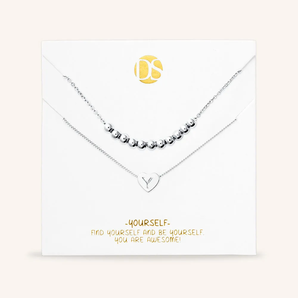 "Love Letter" Set of Two Heart Initial Charm & Polished Beads Layering Necklaces