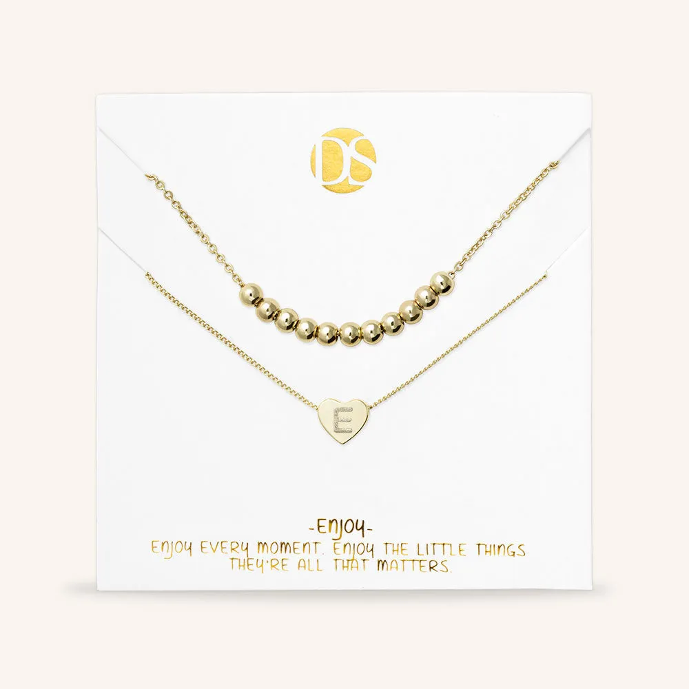"Love Letter" Set of Two Heart Initial Charm & Polished Beads Layering Necklaces