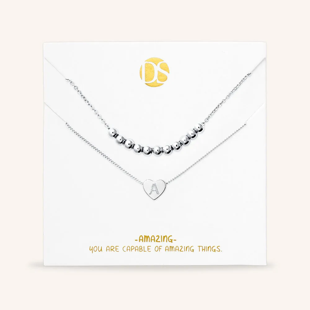 "Love Letter" Set of Two Heart Initial Charm & Polished Beads Layering Necklaces