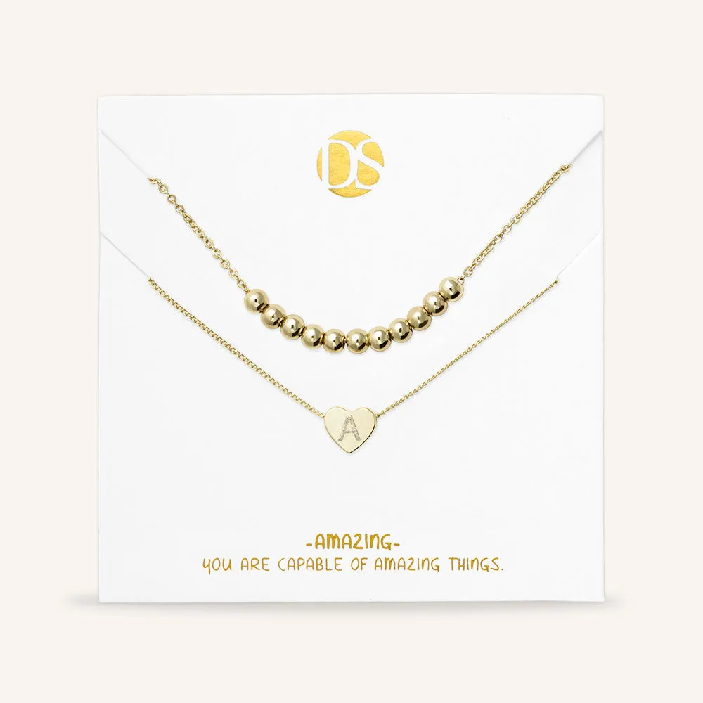 "Love Letter" Set of Two Heart Initial Charm & Polished Beads Layering Necklaces