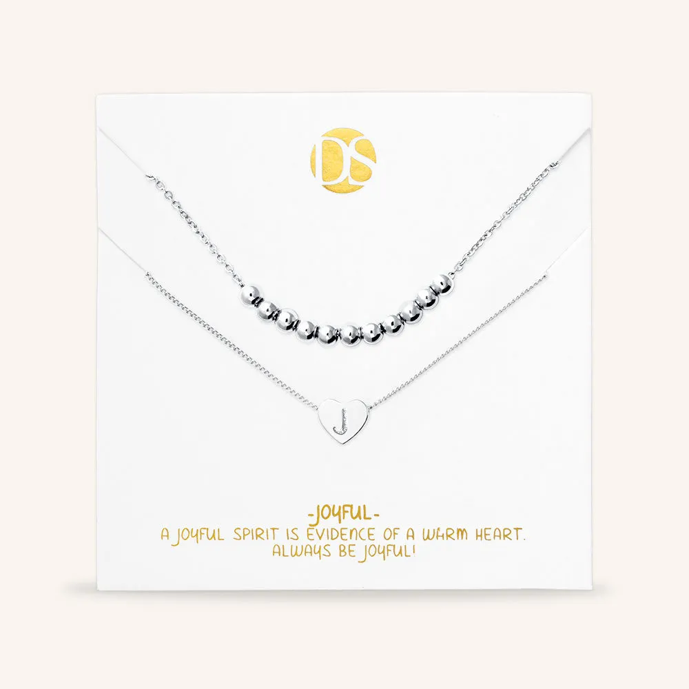 "Love Letter" Set of Two Heart Initial Charm & Polished Beads Layering Necklaces