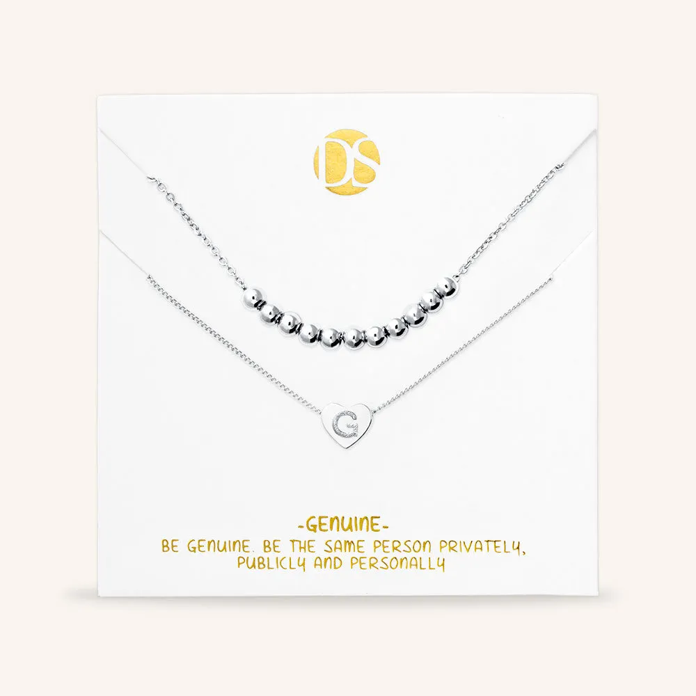 "Love Letter" Set of Two Heart Initial Charm & Polished Beads Layering Necklaces