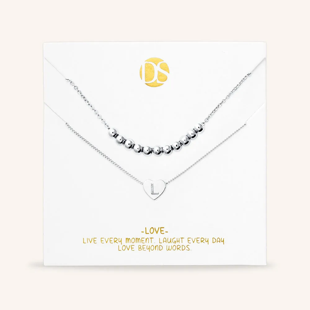 "Love Letter" Set of Two Heart Initial Charm & Polished Beads Layering Necklaces
