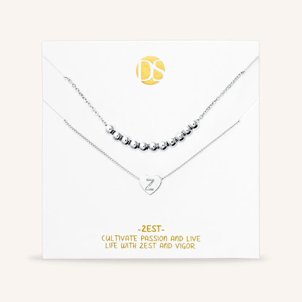 "Love Letter" Set of Two Heart Initial Charm & Polished Beads Layering Necklaces