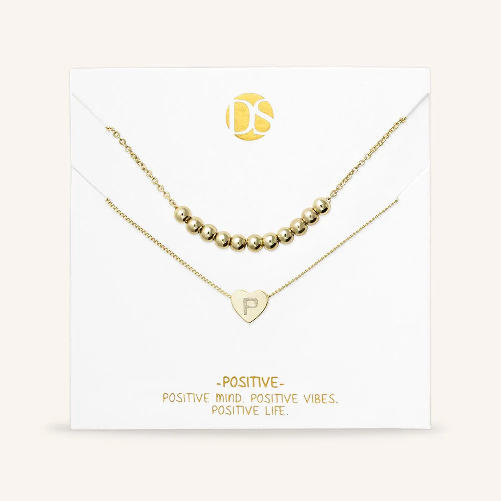 "Love Letter" Set of Two Heart Initial Charm & Polished Beads Layering Necklaces