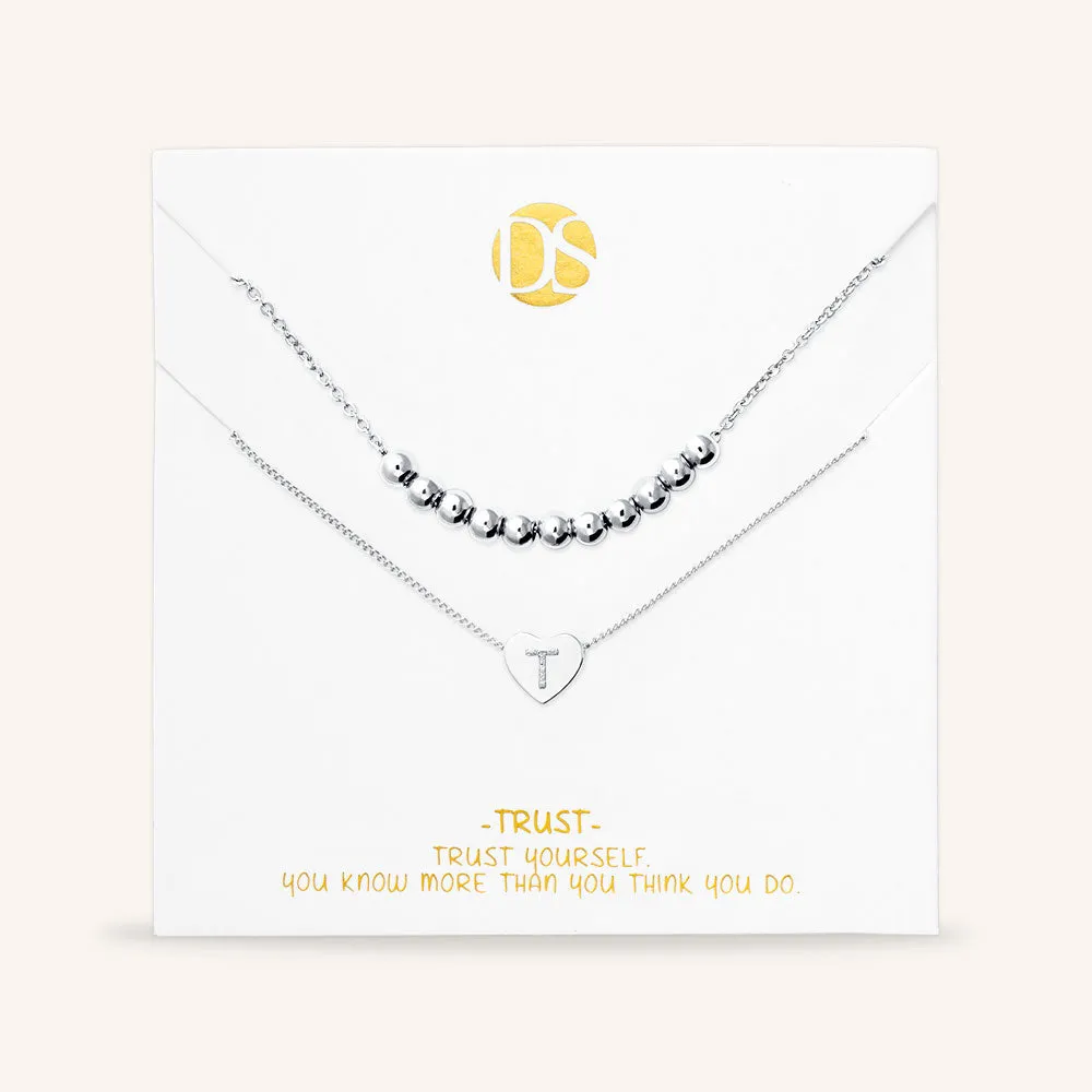 "Love Letter" Set of Two Heart Initial Charm & Polished Beads Layering Necklaces