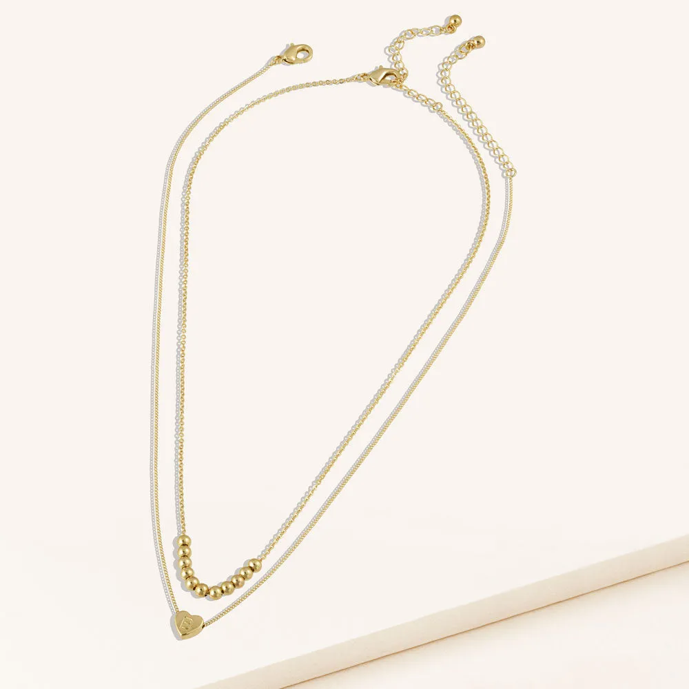 "Love Letter" Set of Two Heart Initial Charm & Polished Beads Layering Necklaces