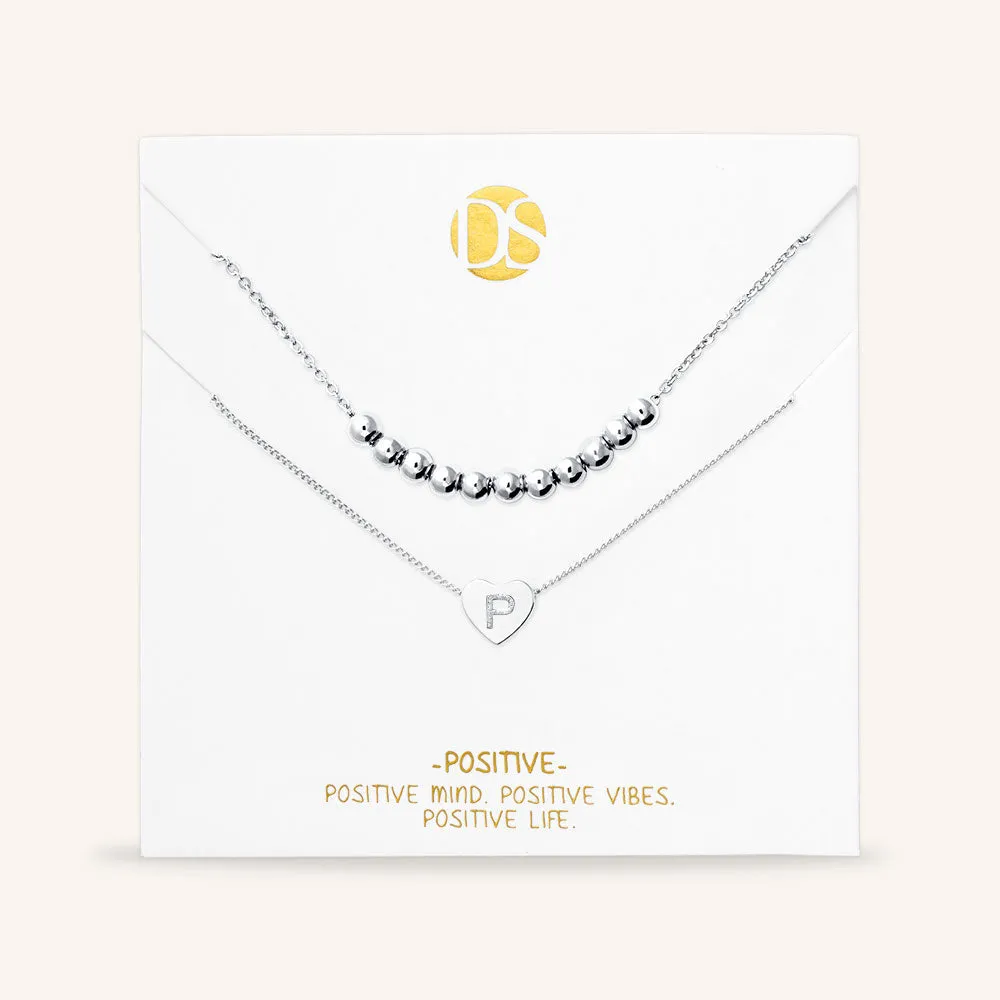 "Love Letter" Set of Two Heart Initial Charm & Polished Beads Layering Necklaces