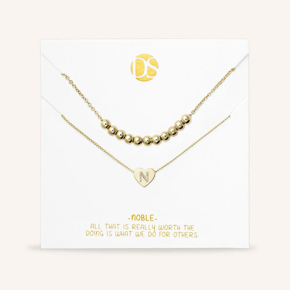 "Love Letter" Set of Two Heart Initial Charm & Polished Beads Layering Necklaces