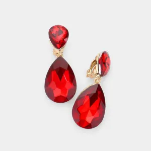 Red Crystal Double Teardrop Clip on Dangle Earrings  | Pageant Earrings | 535180