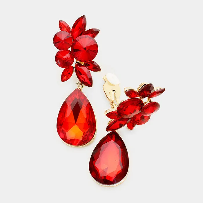 Red Floral Teardrop Earrings | Clip On | 370685
