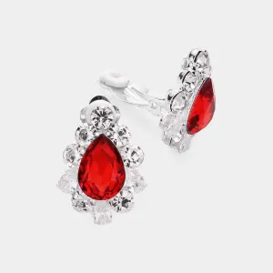 Red Teardrop Stone Surrounded by Crystal Bubble Stone Clip On Earrings | Interview Earrings |  532578
