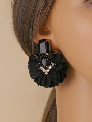 Rhinestone & Flower Decor Earrings - Black