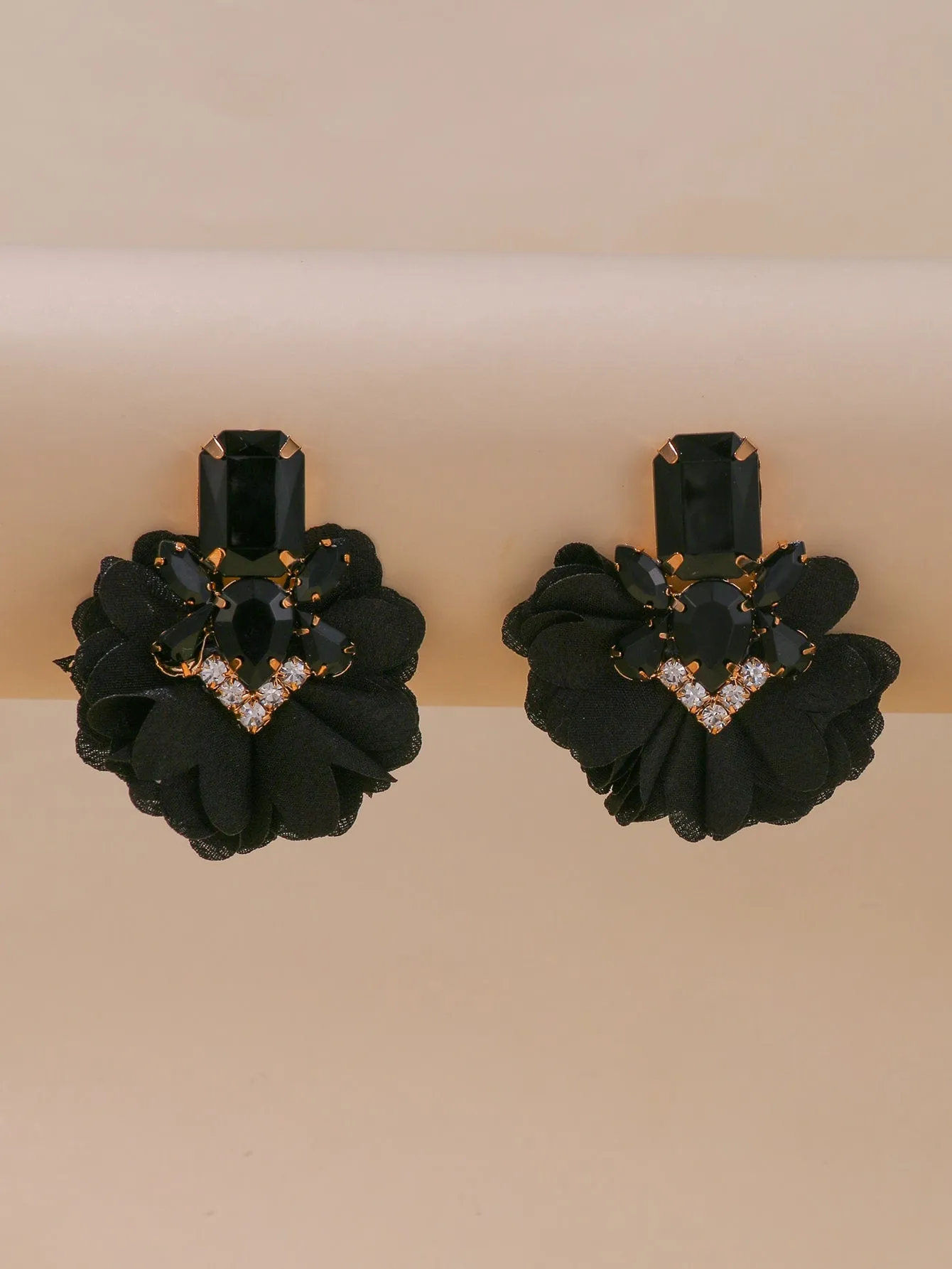 Rhinestone & Flower Decor Earrings - Black