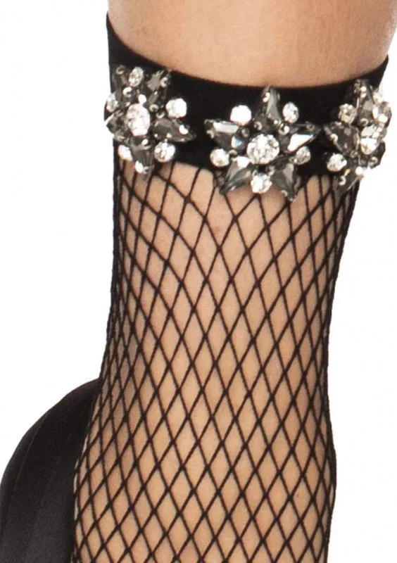 Rhinestone Jeweled Fishnet Anklet Socks - Black
