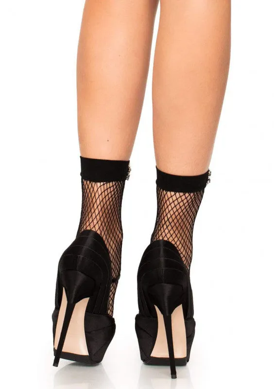 Rhinestone Jeweled Fishnet Anklet Socks - Black