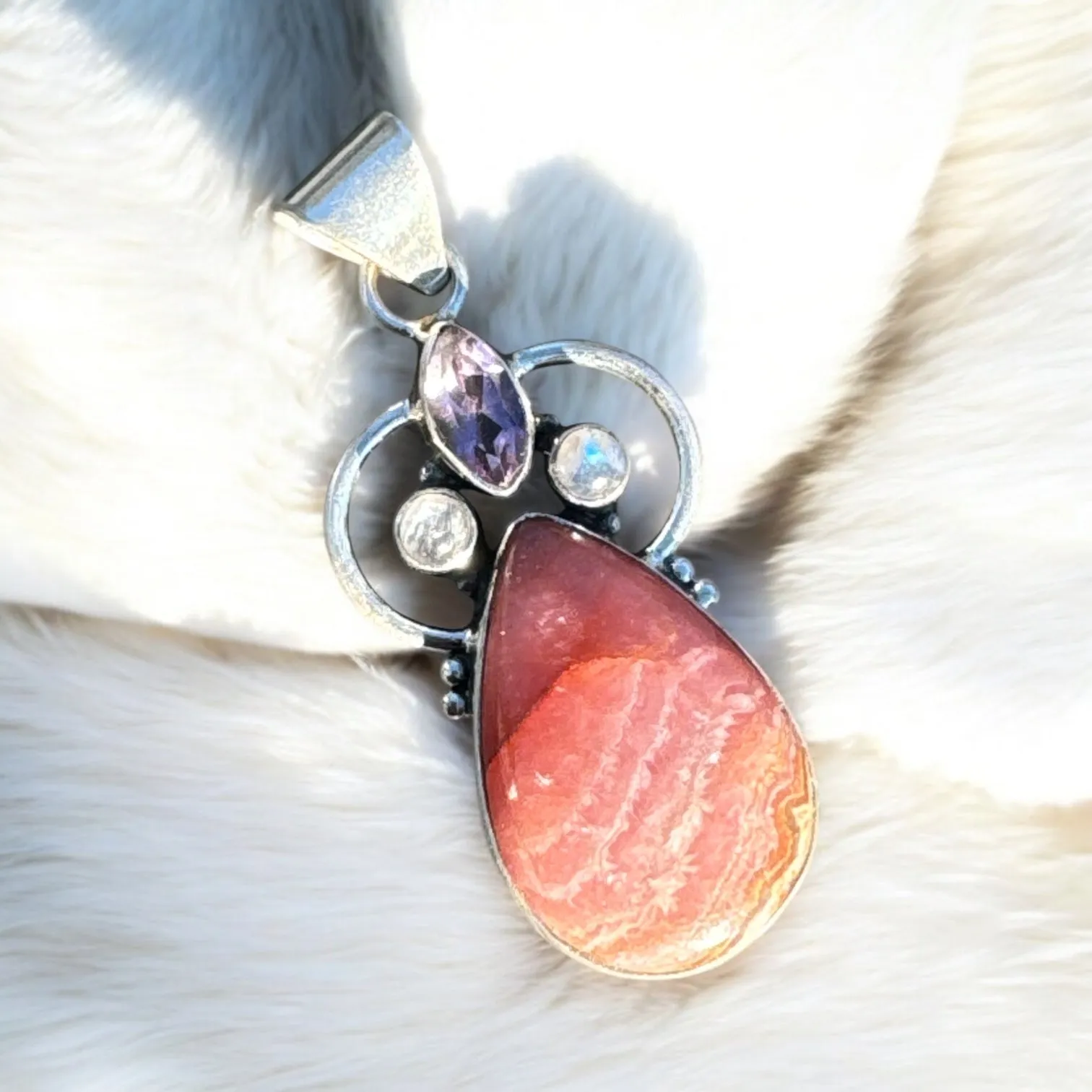 Rhodochrosite Amethyst & Moonstone Solid 925 Sterling Silver Pendant