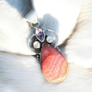 Rhodochrosite Amethyst & Moonstone Solid 925 Sterling Silver Pendant