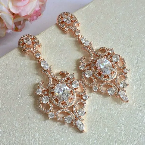 Rose Gold Art Deco Wedding Earrings. Long Crystal CZ Chandelier Wedding Earrings. Victorian Dangle Wedding Earrings. Vintage Bridal Earrings
