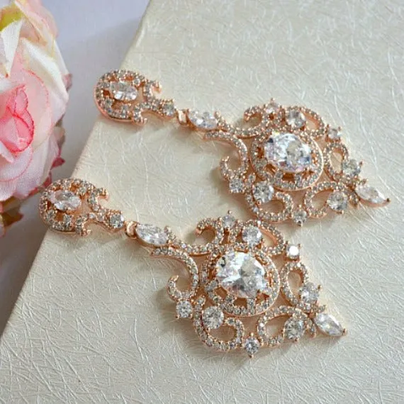 Rose Gold Art Deco Wedding Earrings. Long Crystal CZ Chandelier Wedding Earrings. Victorian Dangle Wedding Earrings. Vintage Bridal Earrings