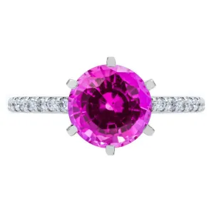 Round Pink Sapphire 6 Prongs Diamond Accent Ice Solitaire Ring
