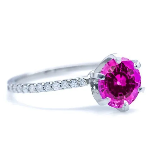 Round Pink Sapphire 6 Prongs Diamond Accent Ice Solitaire Ring