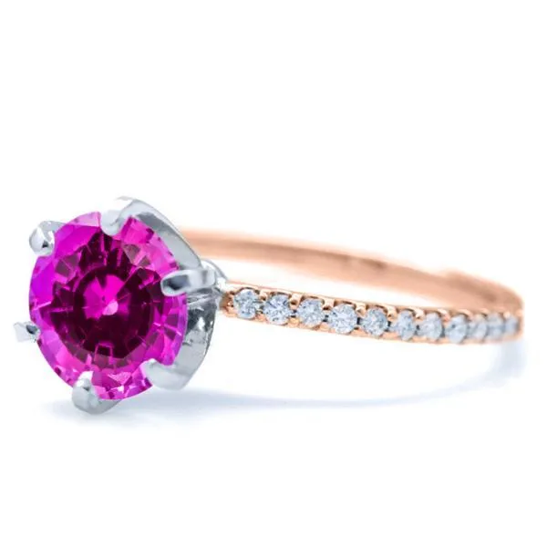 Round Pink Sapphire 6 Prongs Diamond Accent Ice Solitaire Ring