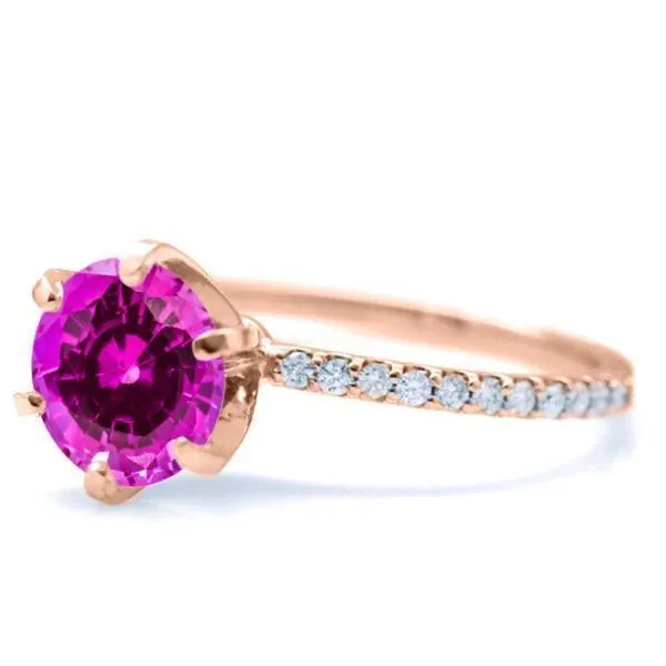 Round Pink Sapphire 6 Prongs Diamond Accent Ice Solitaire Ring