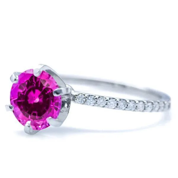 Round Pink Sapphire 6 Prongs Diamond Accent Ice Solitaire Ring