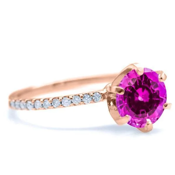 Round Pink Sapphire 6 Prongs Diamond Accent Ice Solitaire Ring