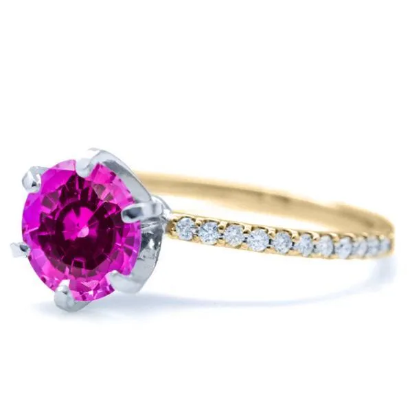 Round Pink Sapphire 6 Prongs Diamond Accent Ice Solitaire Ring