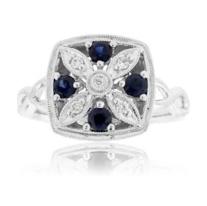 Round Sapphire & Diamond Art Deco Style Ring