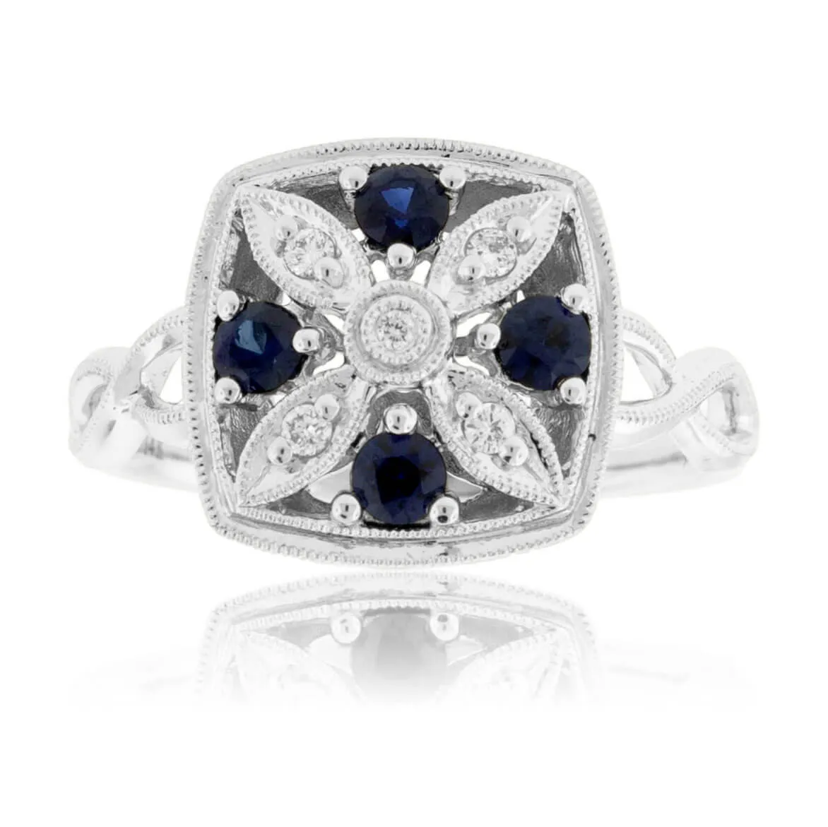 Round Sapphire & Diamond Art Deco Style Ring