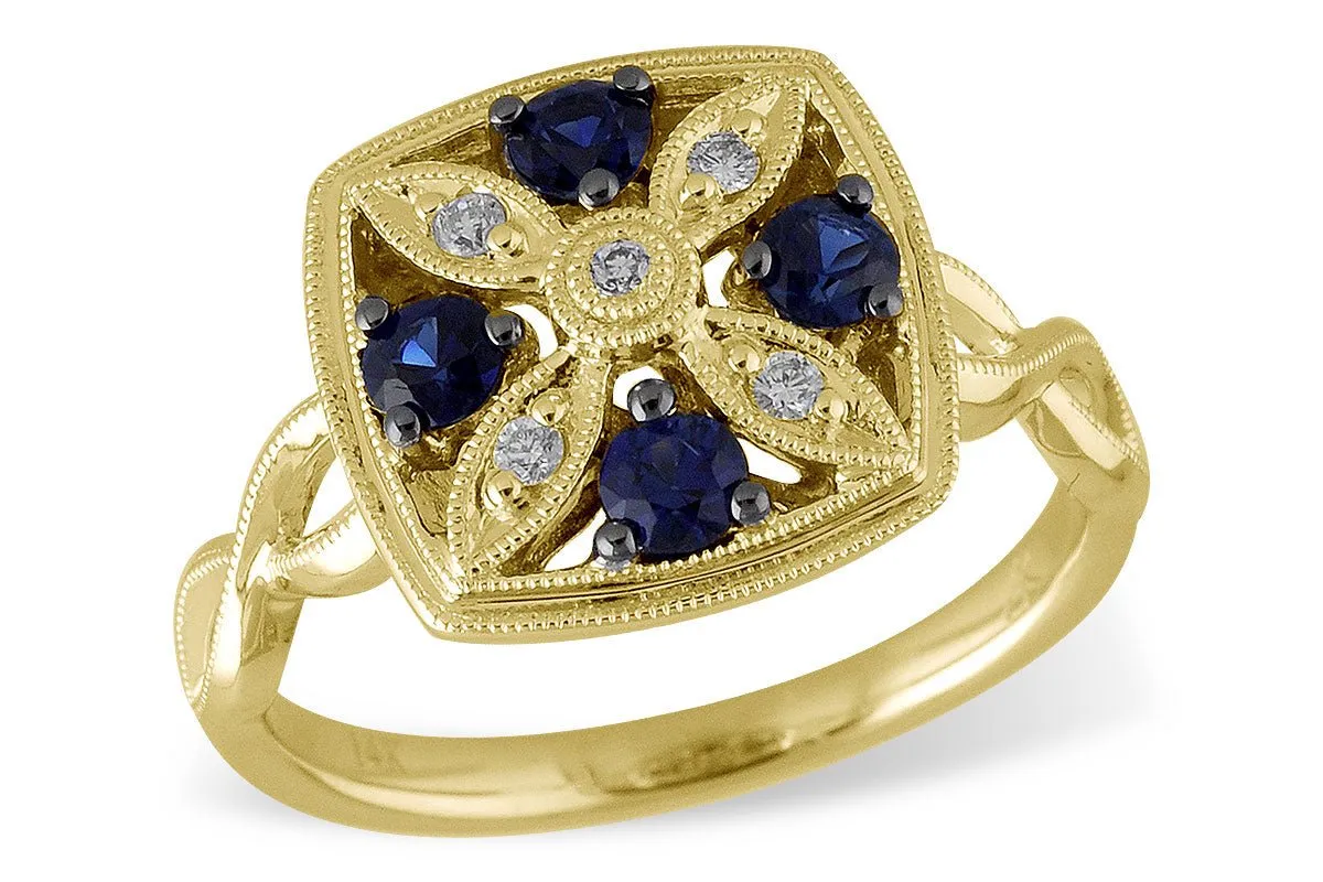 Round Sapphire & Diamond Art Deco Style Ring