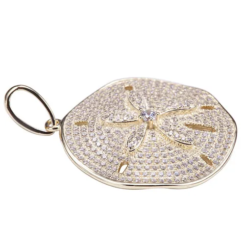 Sand Dollar Star Fish Pave Cubic Zirconia Sterling Silver Pendant Yellow Gold Plated(Chain Sold Separately)