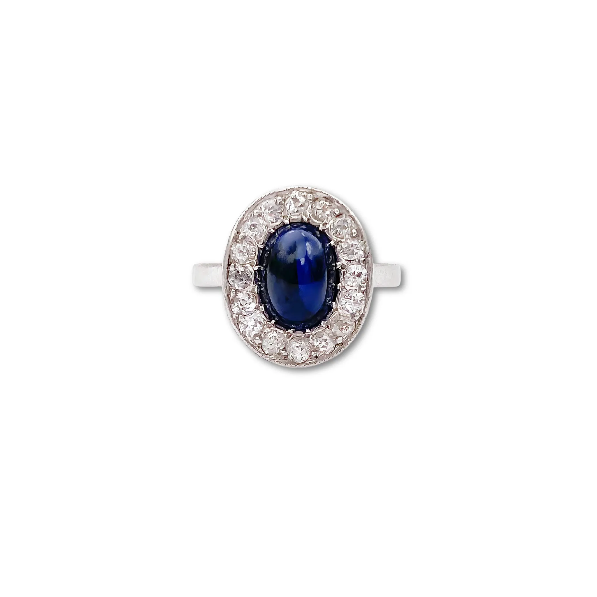 Sapphire Cabochon and Old Cut Diamond Halo Ring