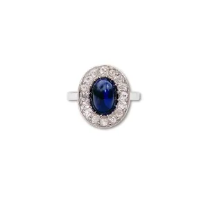 Sapphire Cabochon and Old Cut Diamond Halo Ring
