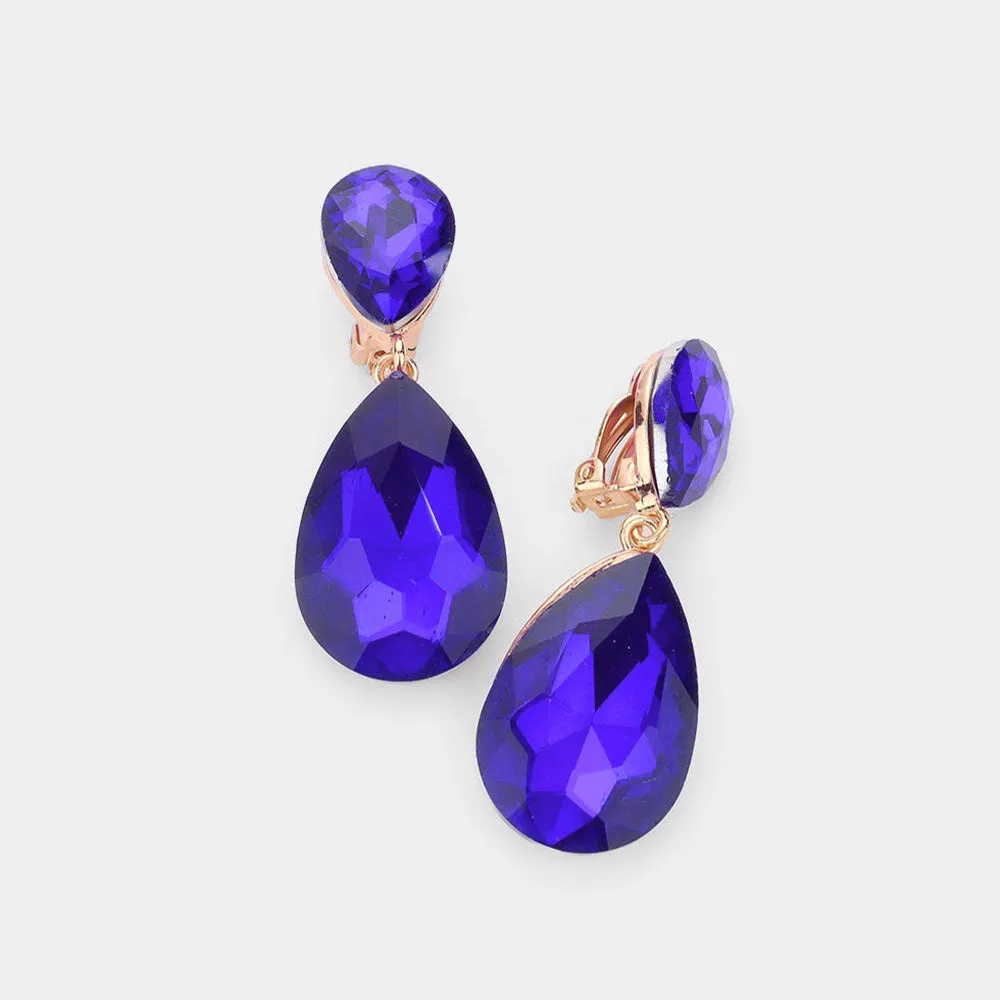 Sapphire Crystal Double Teardrop Clip on Dangle Earrings  | Pageant Earrings | 535174